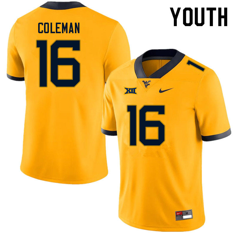 Youth #16 Caleb Coleman West Virginia Mountaineers College Football Jerseys Sale-Gold - Click Image to Close